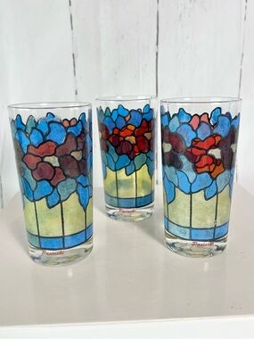 Vintage Pasinski highball glasses with a floral stained glass pattern set of 3